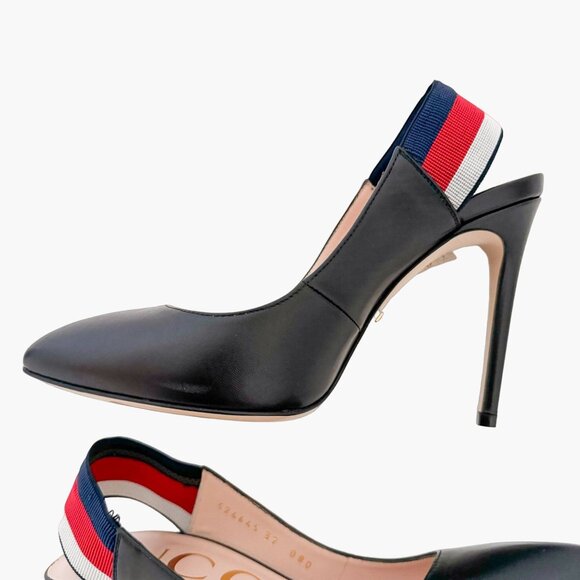 Gucci Sylvie Web Stripe Slingback Pumps EU 37 US 7 Black Pointed Toe High Heels - Picture 14 of 14